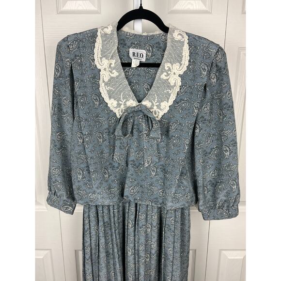 Vintage REO Original Blue White Paisley Lace Collar Secretary Dress 80s Size 14 - Picture 9 of 12